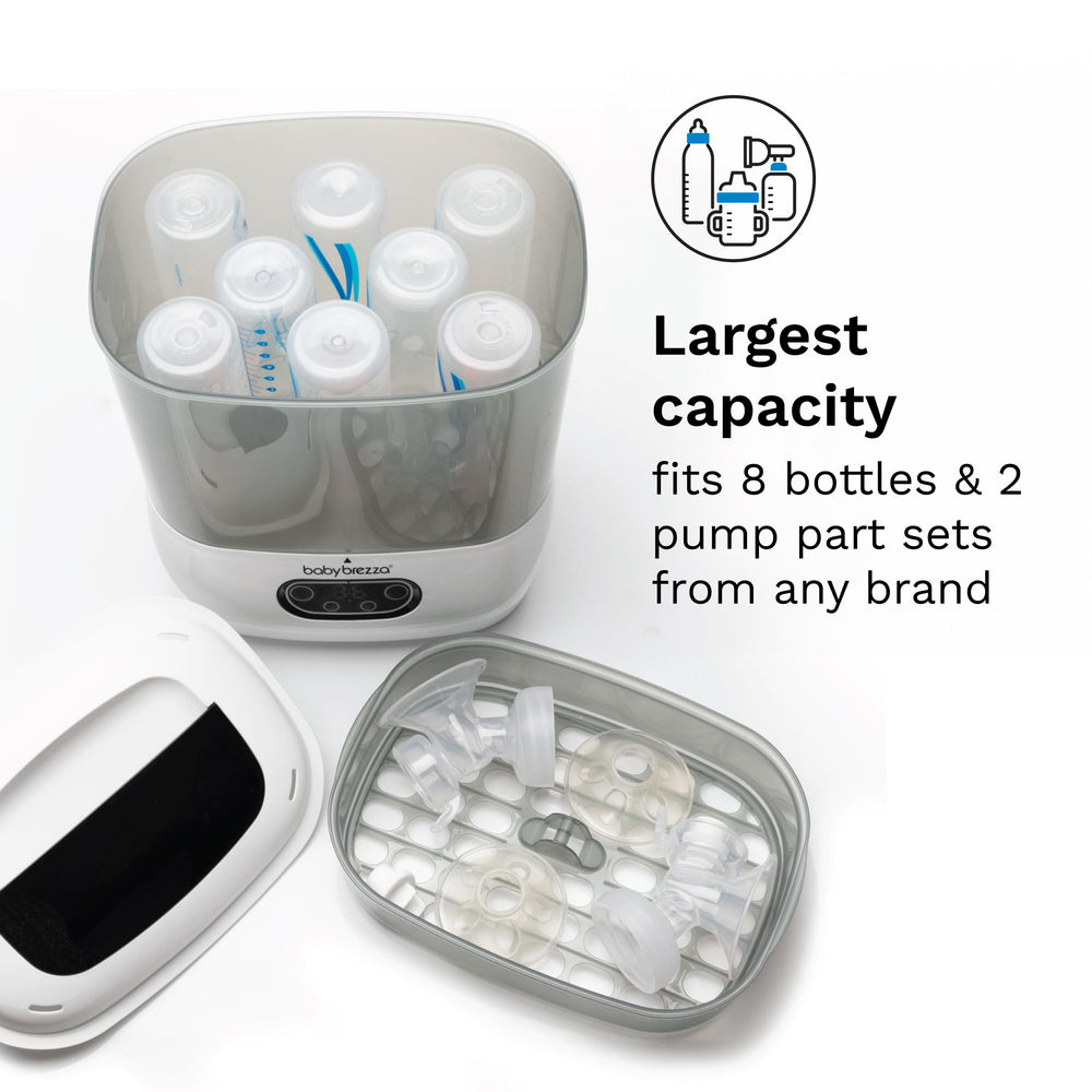 Baby Brezza drying cycle highlights HEPA-filtered air for clean, germ-free drying.