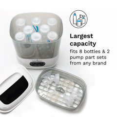 Baby Brezza drying cycle highlights HEPA-filtered air for clean, germ-free drying.