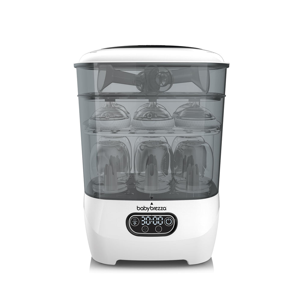 Baby Brezza Advanced Sterilizer Dryer front view, compact design ideal for busy kitchens and nurseries.