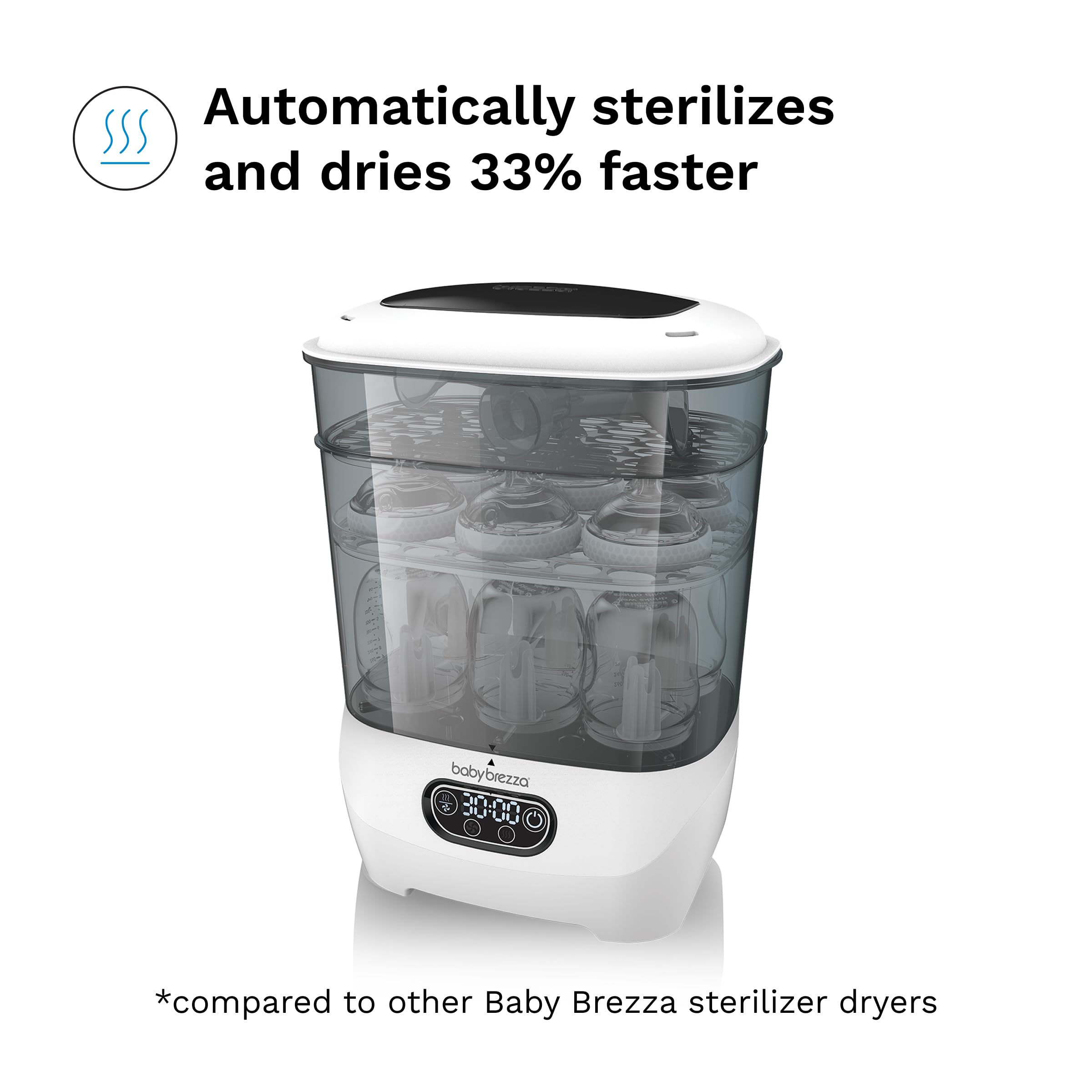 Baby Brezza sterilization cycle illustrates fast 10-minute germ reduction with natural steam.