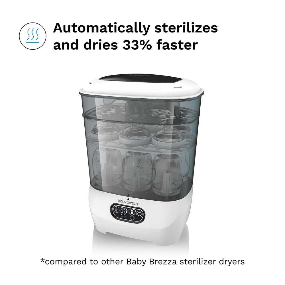 Baby Brezza sterilization cycle illustrates fast 10-minute germ reduction with natural steam.