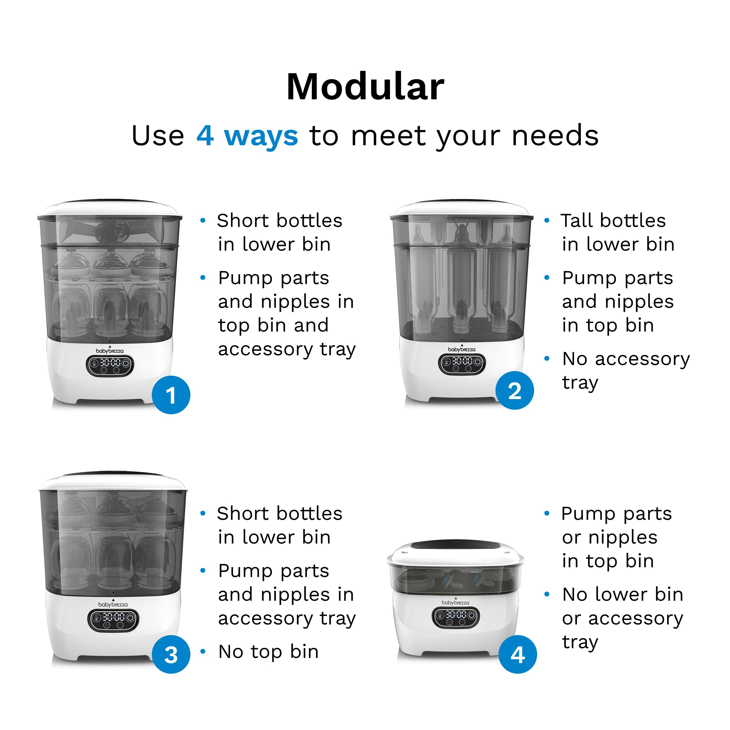 Baby Brezza Advanced Sterilizer Dryer demonstrates universal capacity: eight bottles and two pump parts.