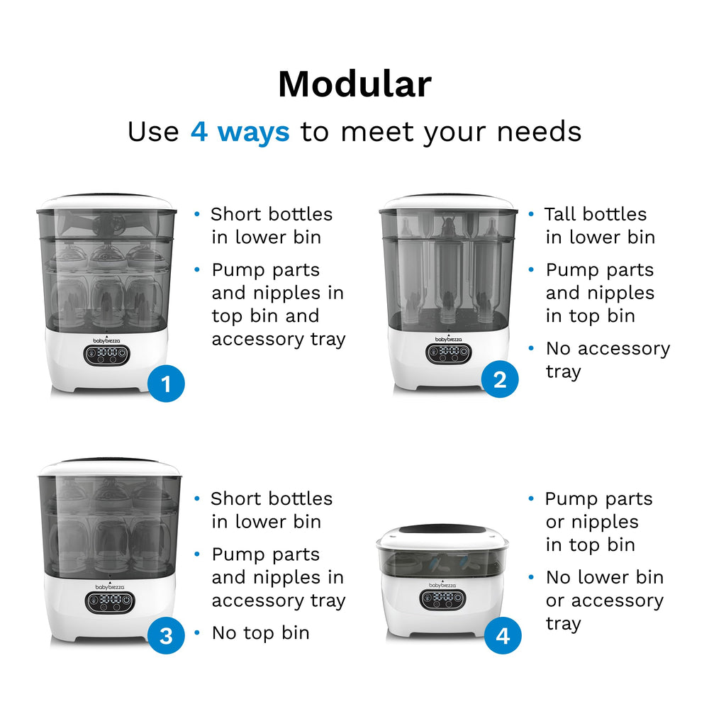 Baby Brezza Advanced Sterilizer Dryer demonstrates universal capacity: eight bottles and two pump parts.