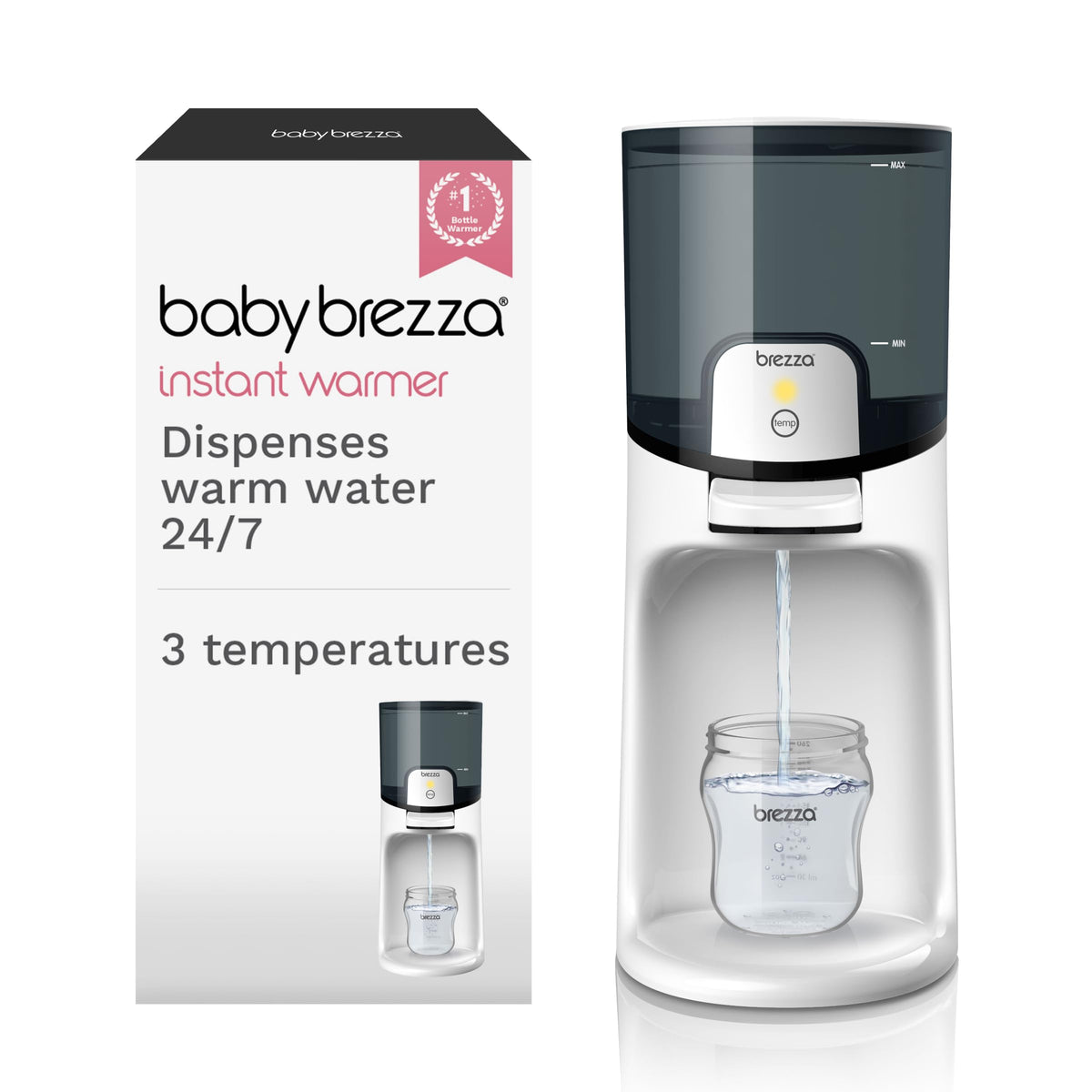Baby Brezza Instant Warmer dispensing warm water for quick bottle prep at bedside