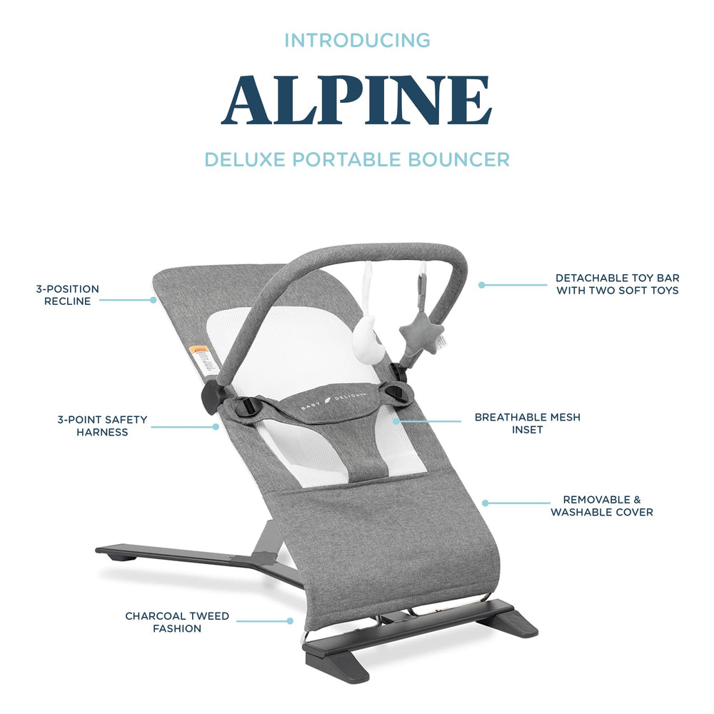 Baby Delight Alpine Deluxe Bouncer showing three recline positions for comfort