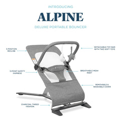 Baby Delight Alpine Deluxe Bouncer showing three recline positions for comfort
