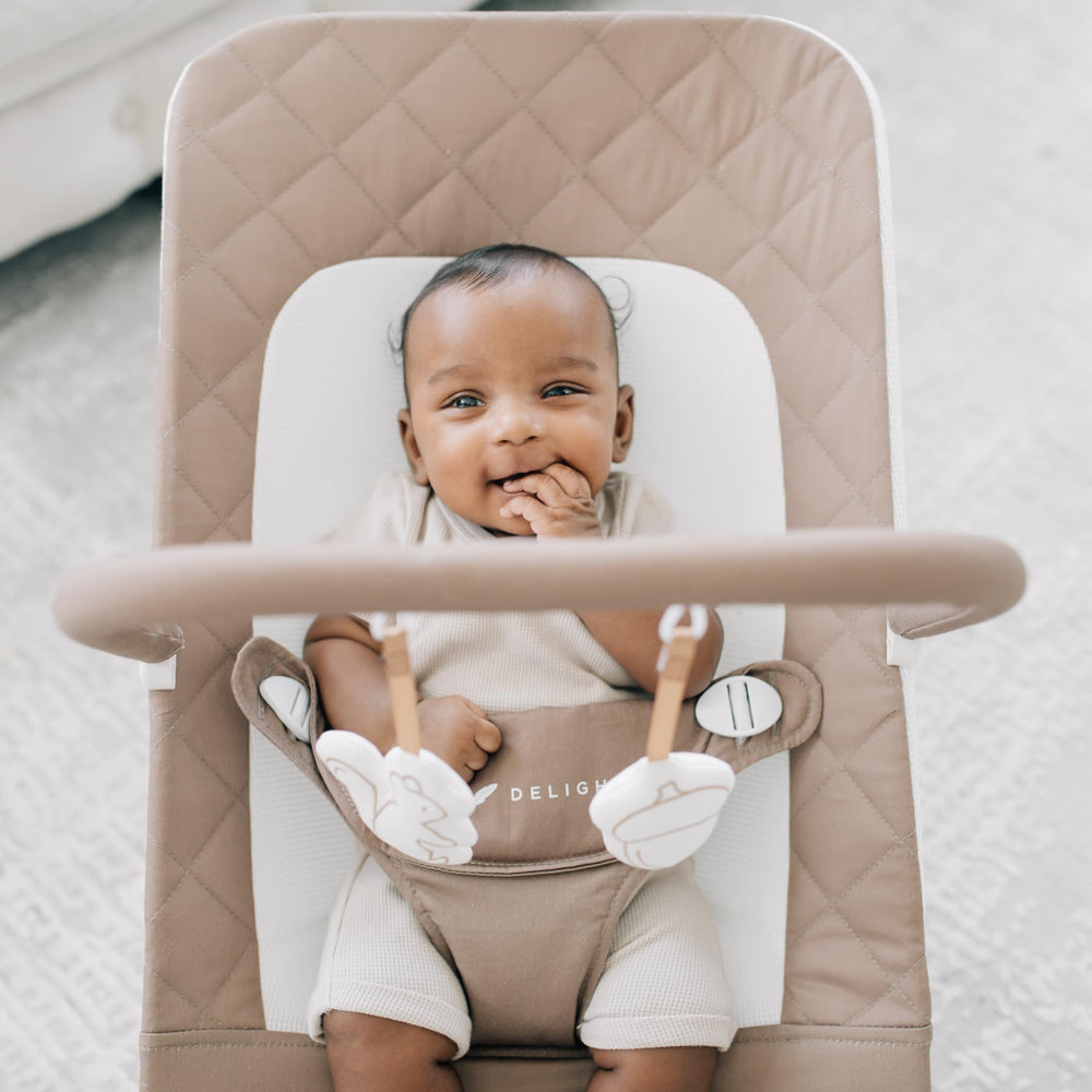 GOTS-certified organic cotton fabric is machine washable on the Baby Delight Alpine Deluxe bouncer.