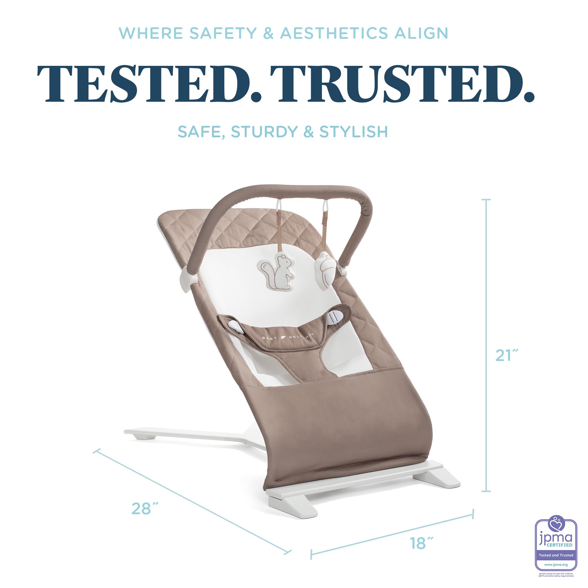 Secure 3-point harness keeps Baby Delight Alpine Deluxe safely seated.