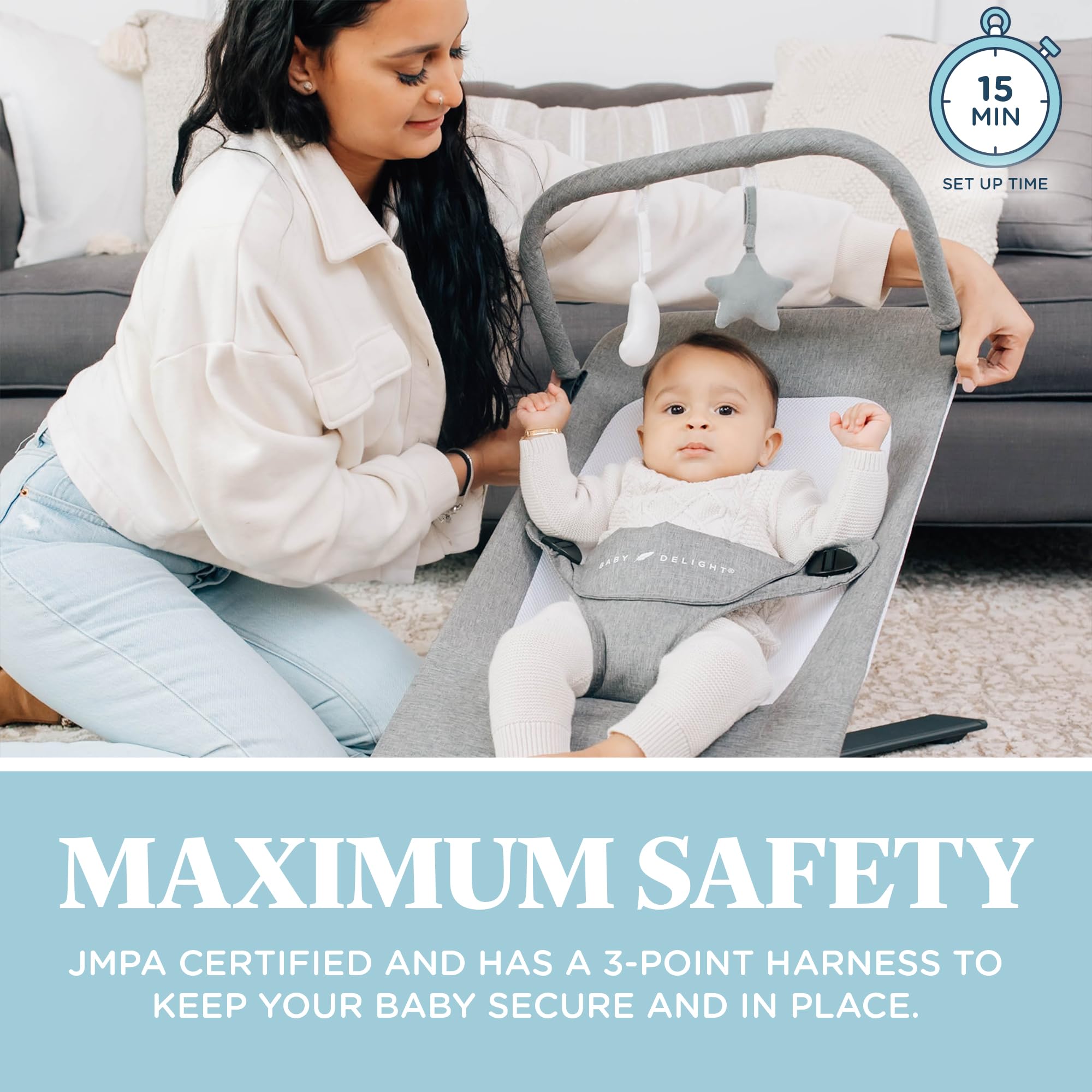 Baby Delight Alpine Deluxe Bouncer mesh inset enhances airflow and comfort