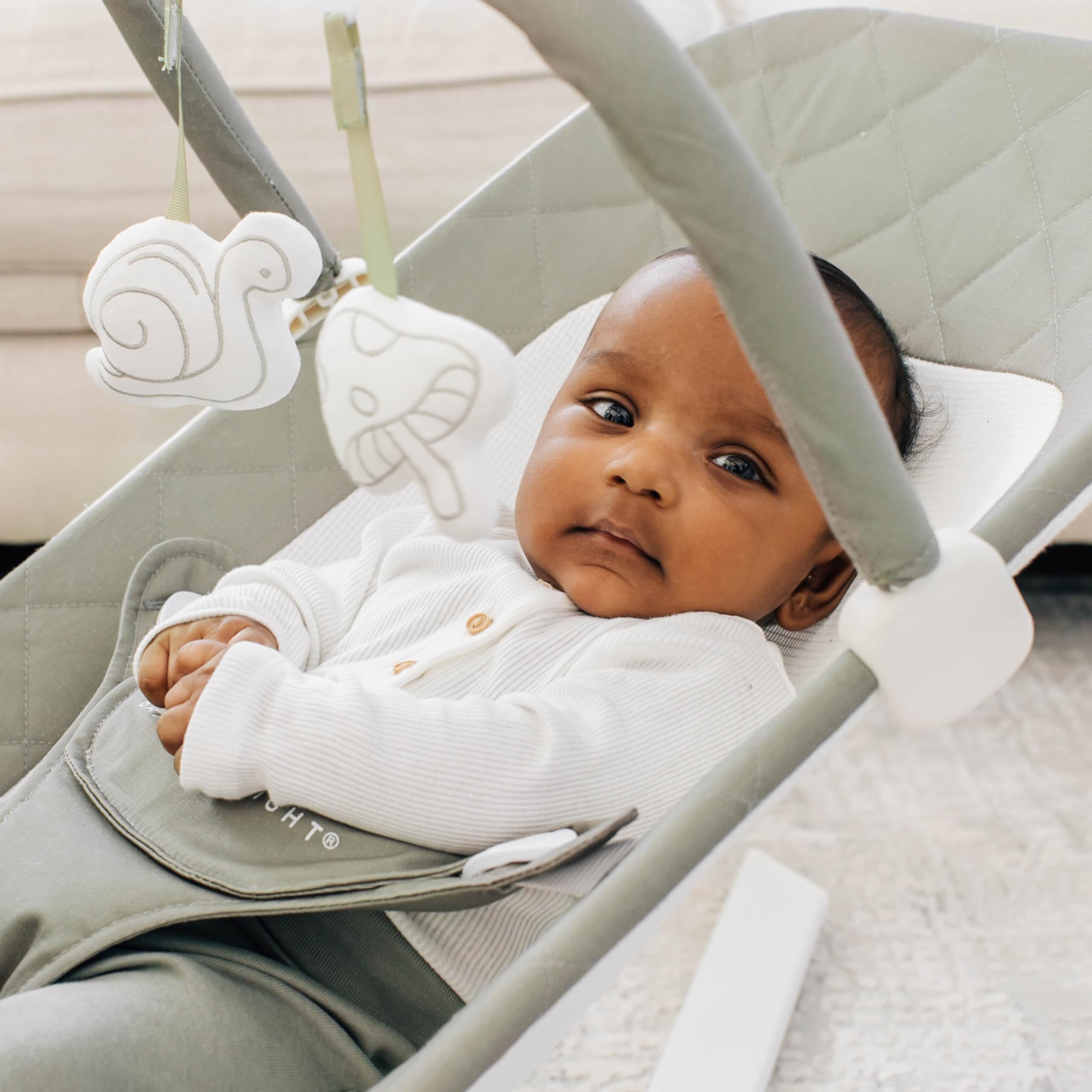 Baby Delight Alpine Deluxe Bouncer organic sage fabric for gentle skin contact.