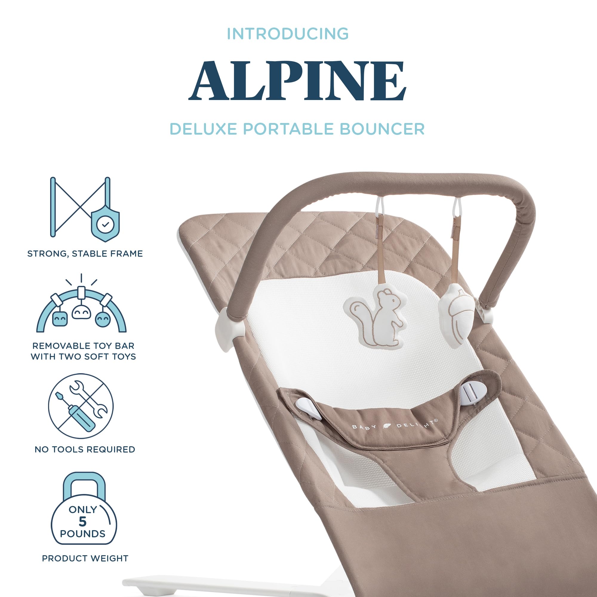 Baby Delight Alpine Deluxe bouncer shows three reclining positions for sit, play, and rest.