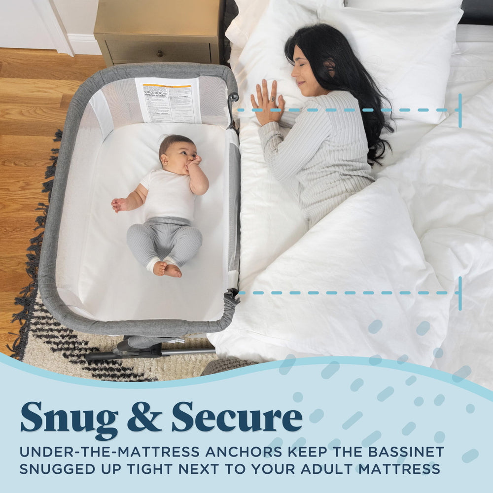 Dreamer Bassinet 6-height positions aligned with bed height.