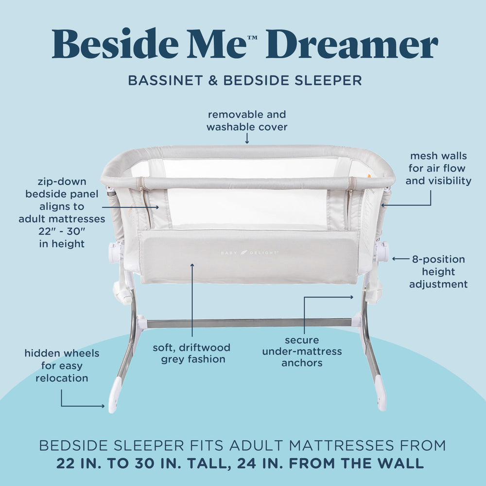 Baby Delight Beside Me Dreamer Bassinet breathable mesh walls promote air circulation around baby.