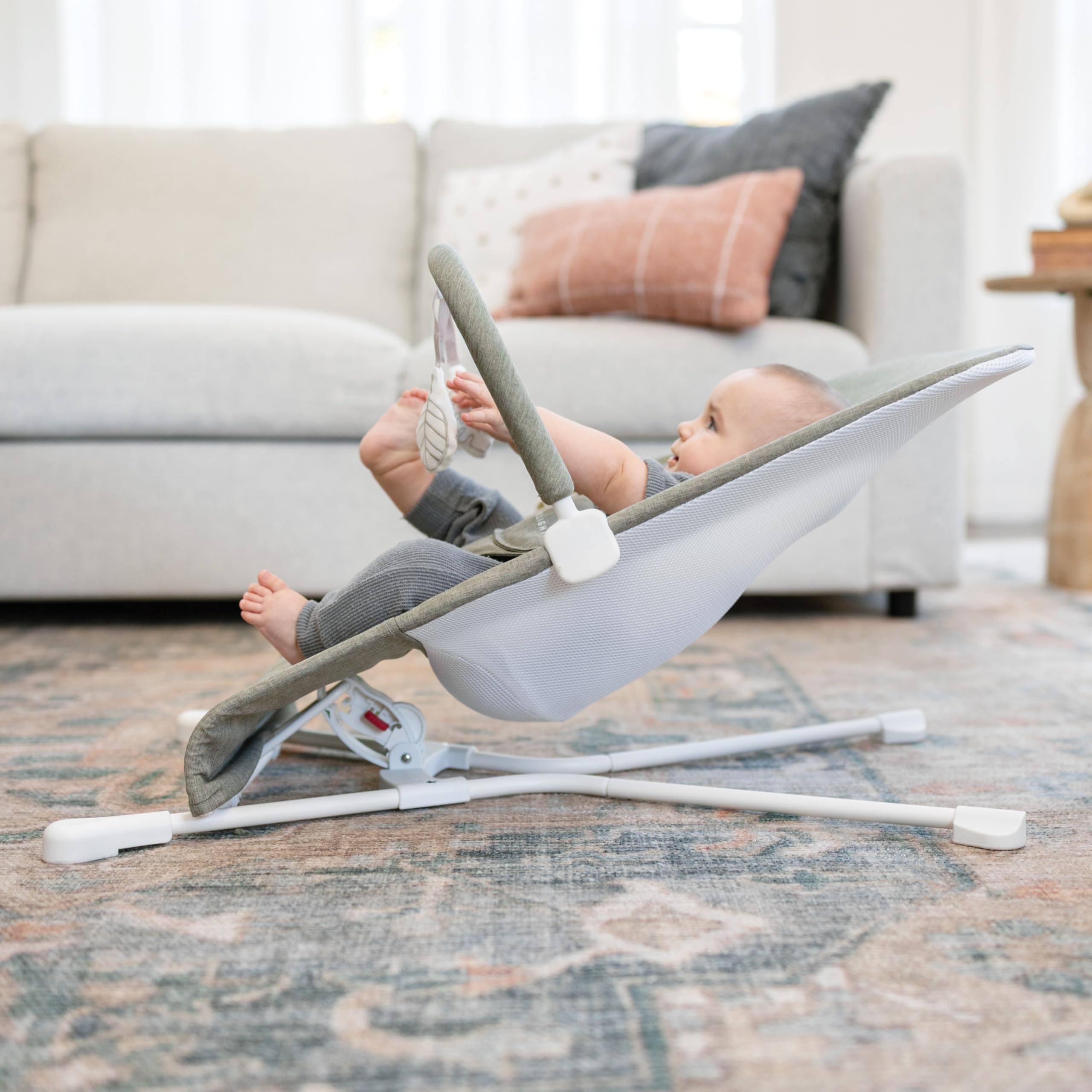 Baby Delight Highland Bouncer folds flat for compact storage when not in use