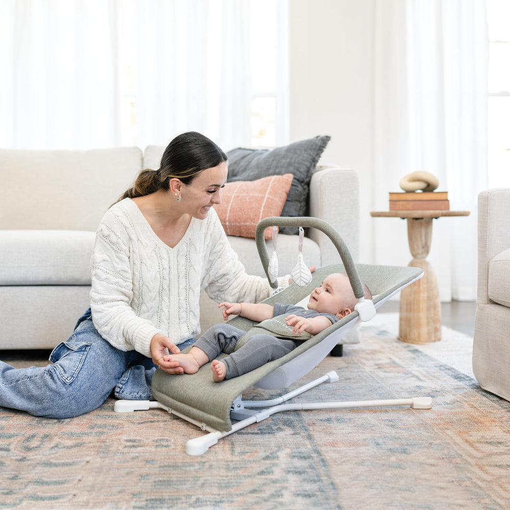 Baby Delight Highland Bouncer 3-point harness provides secure restraint during play