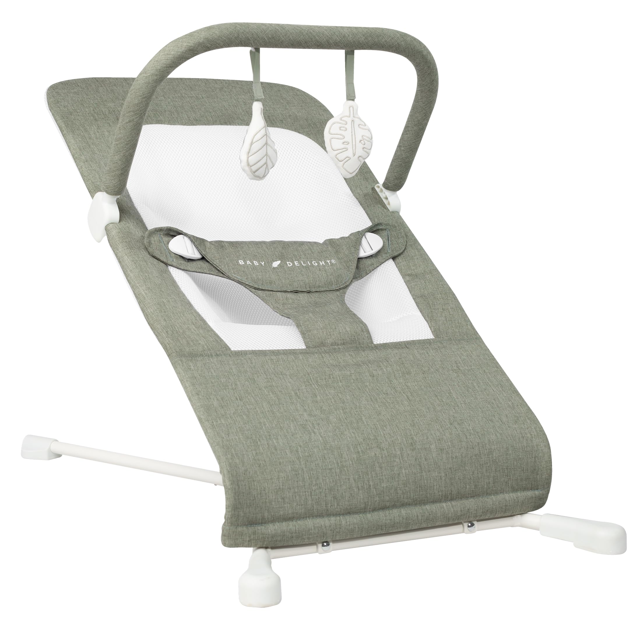 Baby Delight Highland Bouncer seat with sage tweed fabric for soothing comfort