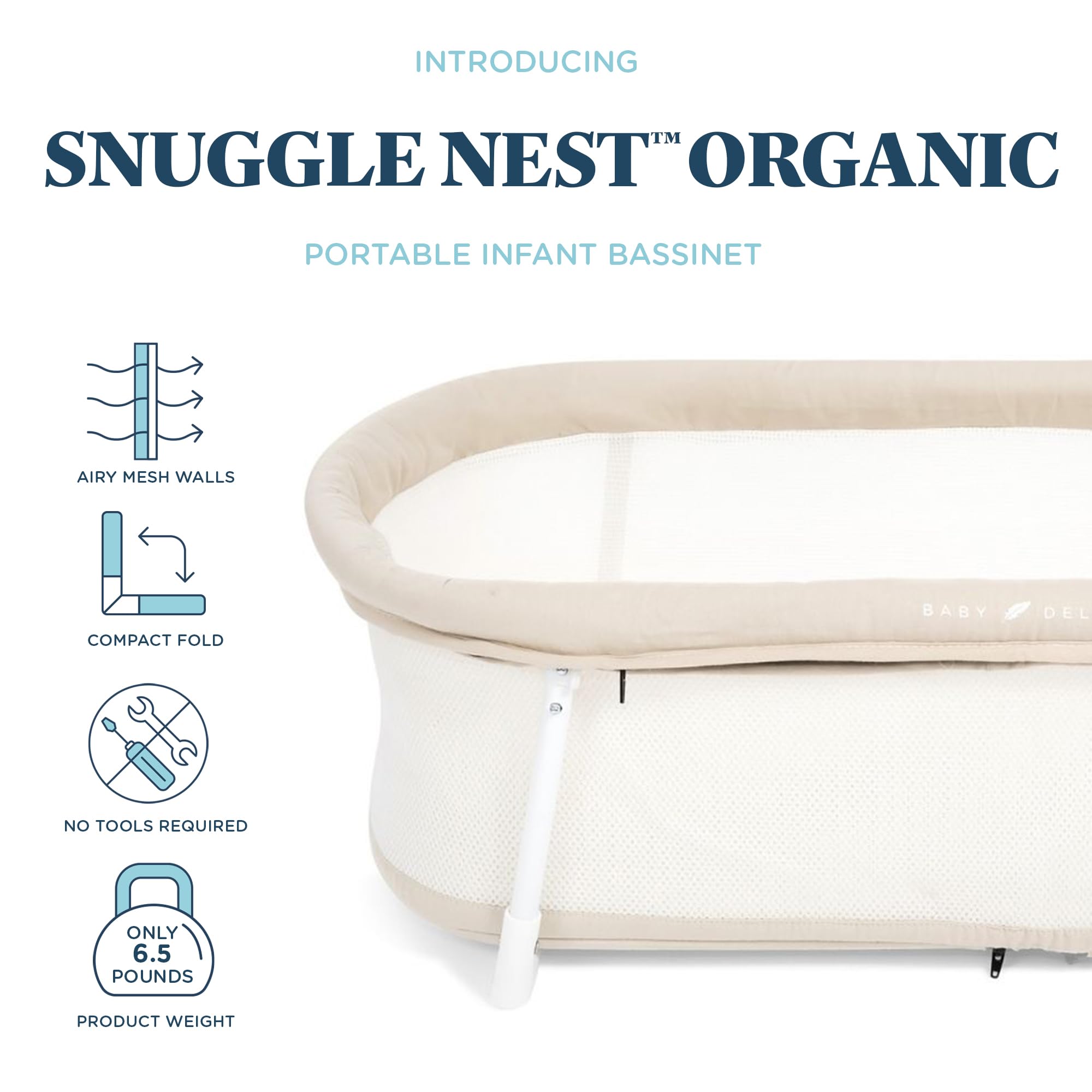 Baby Delight Snuggle Nest Bassinet shows breathable mesh walls for airflow.
