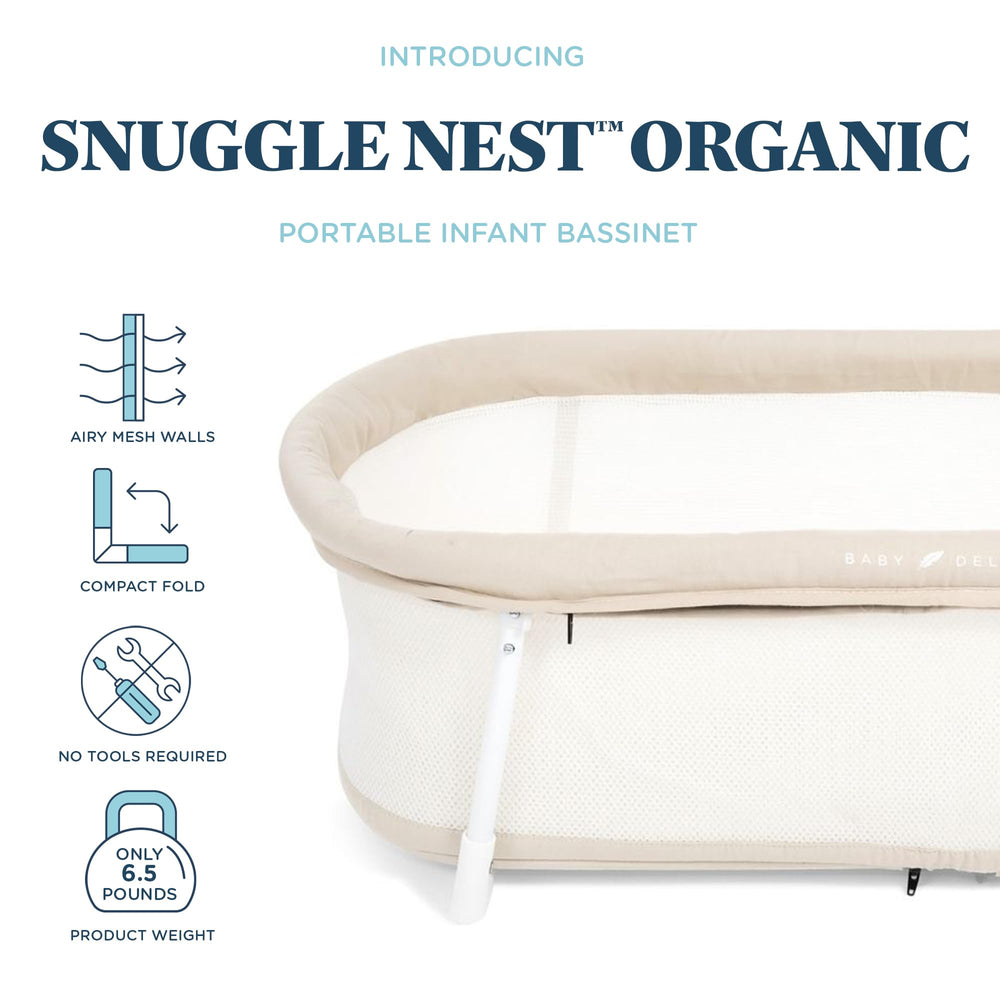 Baby Delight Snuggle Nest Bassinet shows breathable mesh walls for airflow.