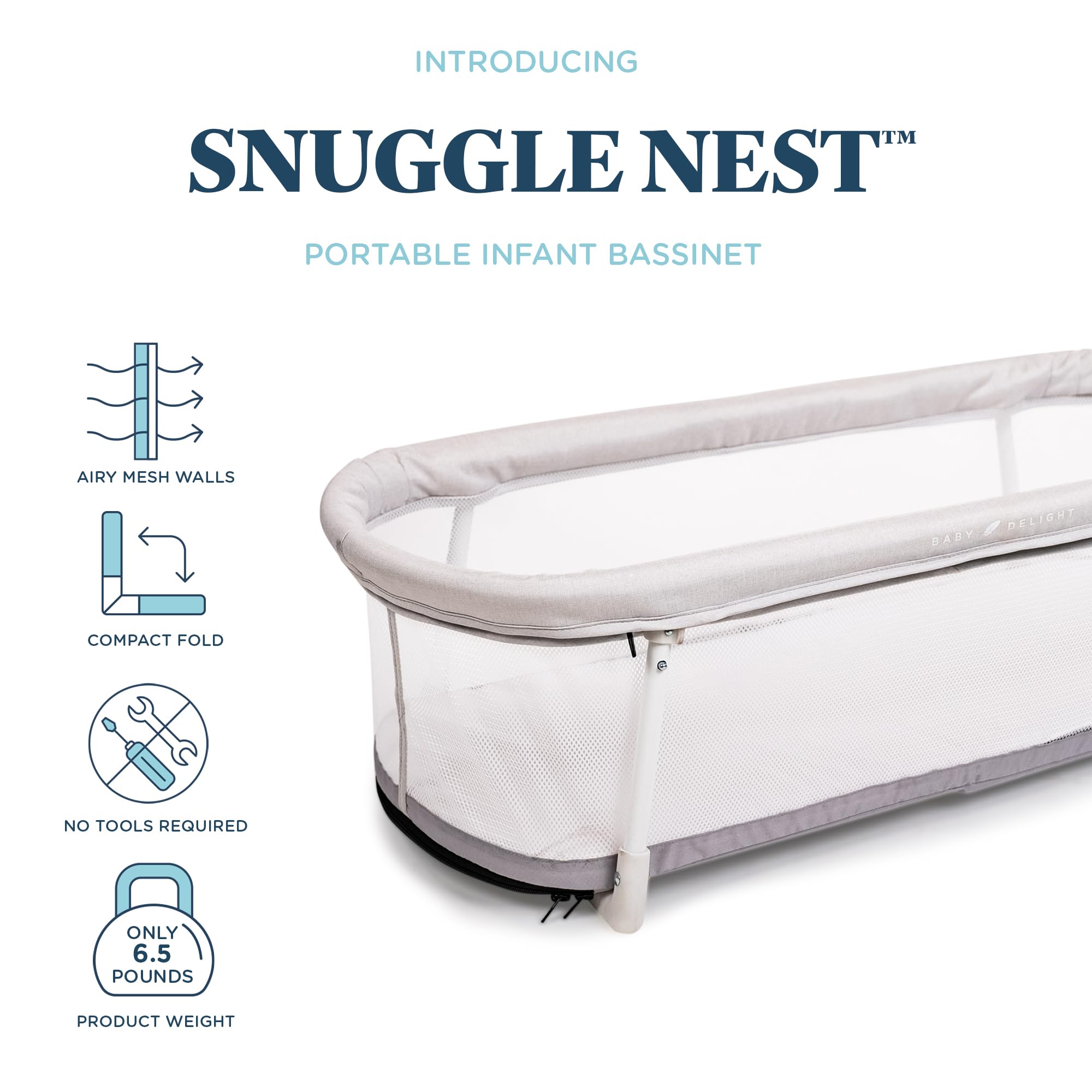 Baby Delight Snuggle Nest Bassinet with vented walls for breathable sleep.