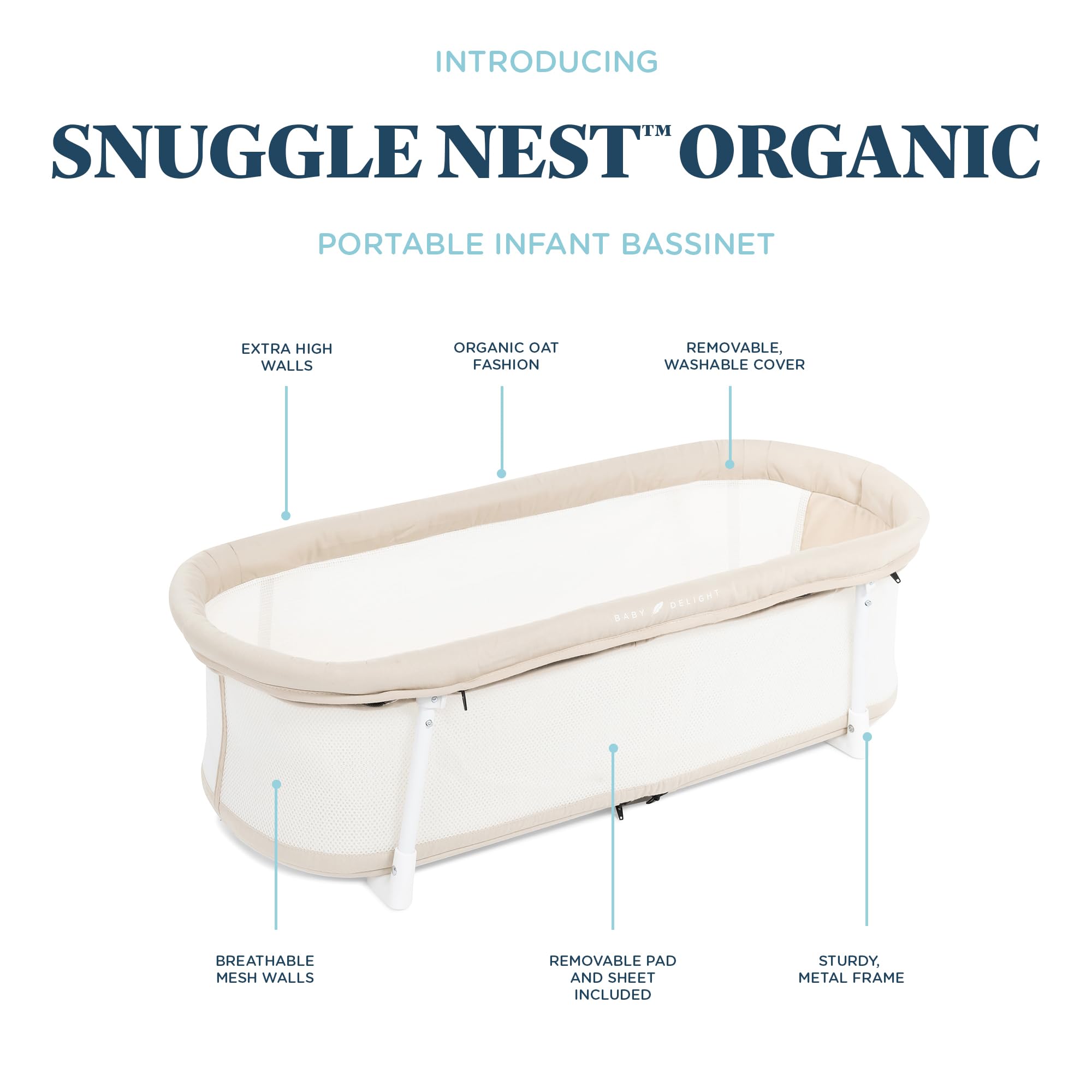 Baby Delight Snuggle Nest Bassinet highlights a soft, plush mattress for comfort.