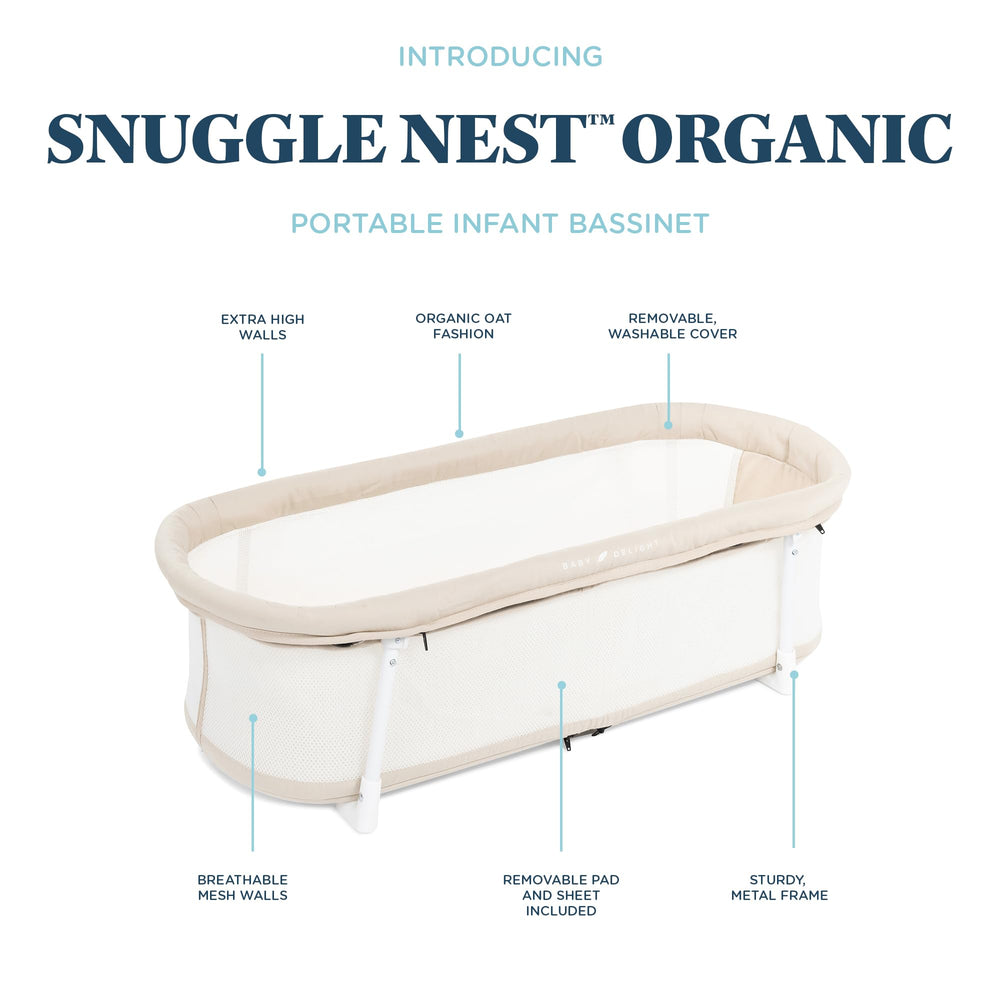Baby Delight Snuggle Nest Bassinet highlights a soft, plush mattress for comfort.