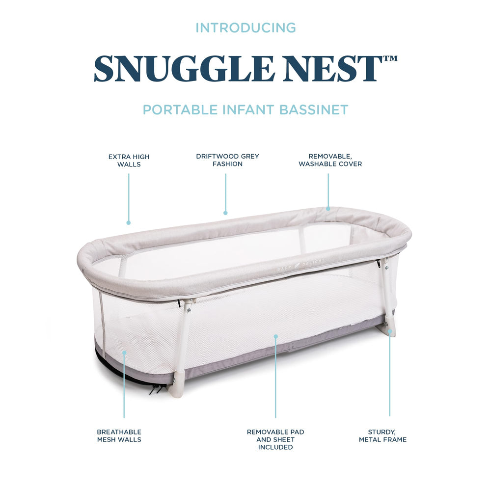 Snuggle Nest Bassinet mattress and sheet machine washable for easy cleanup.