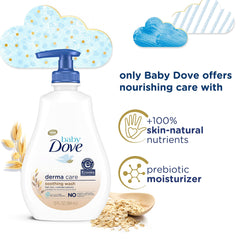 Hands applying Baby Dove Soothing Wash to baby's skin during bath time.