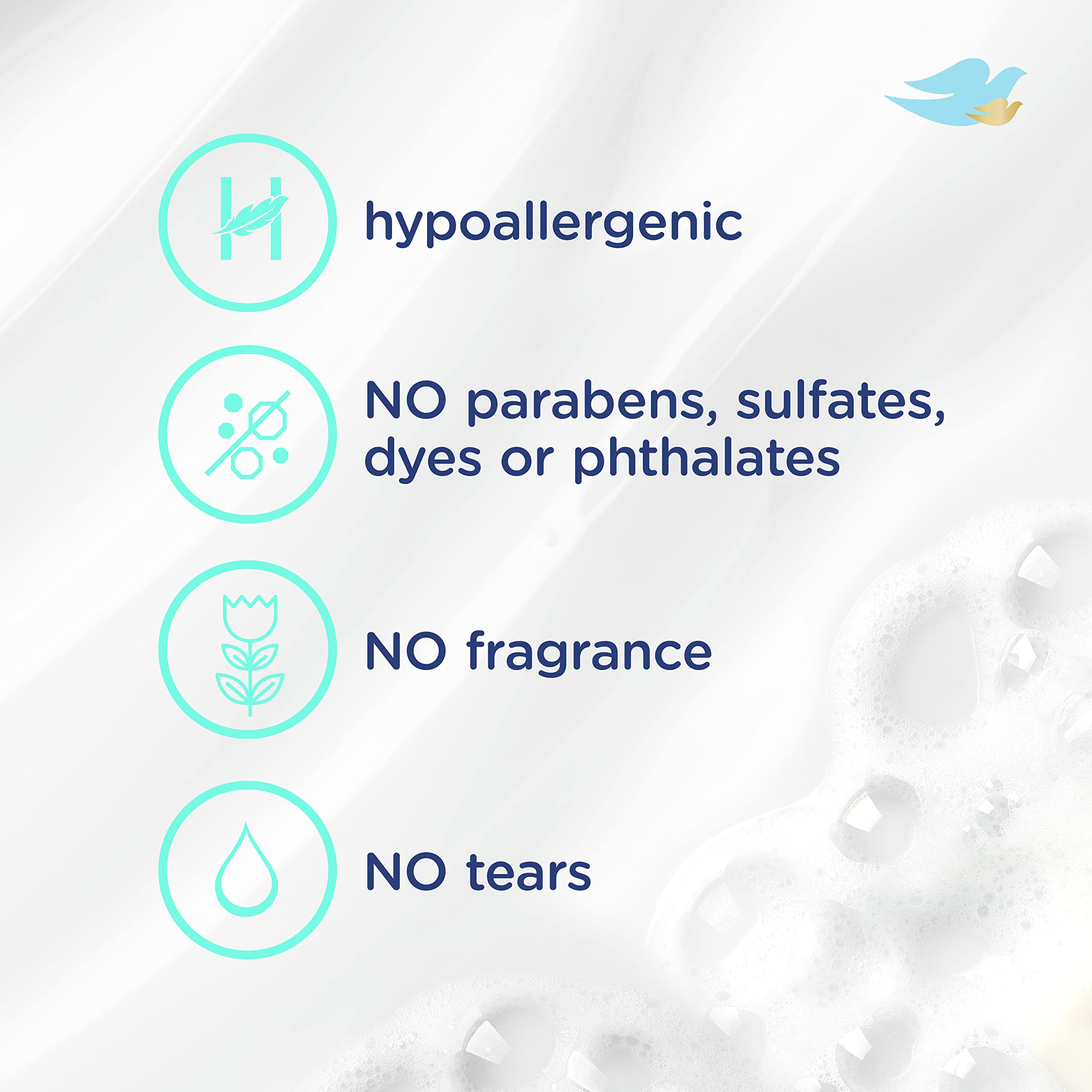 Baby Dove fragrance-free hypoallergenic label on a gentle baby wash bottle.