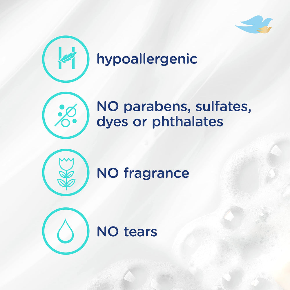 Baby Dove fragrance-free hypoallergenic label on a gentle baby wash bottle.