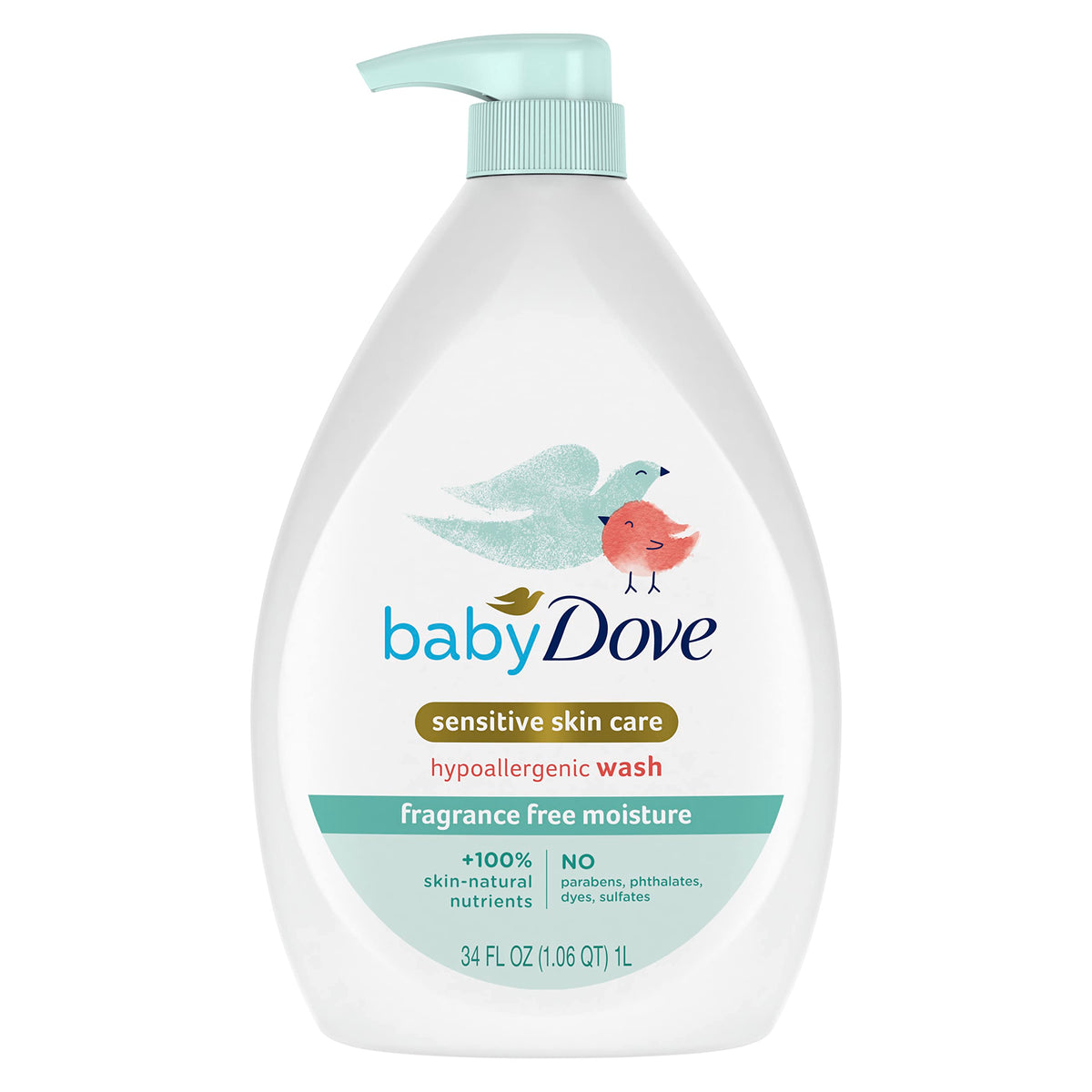 Baby Dove fragrance-free moisture bath bottle for gentle cleansing on sensitive skin.