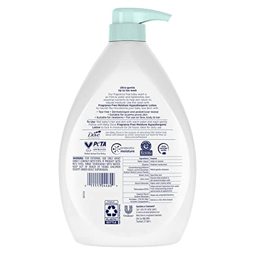 Baby Dove 20oz fragrance-free bottle for gentle care of delicate skin.