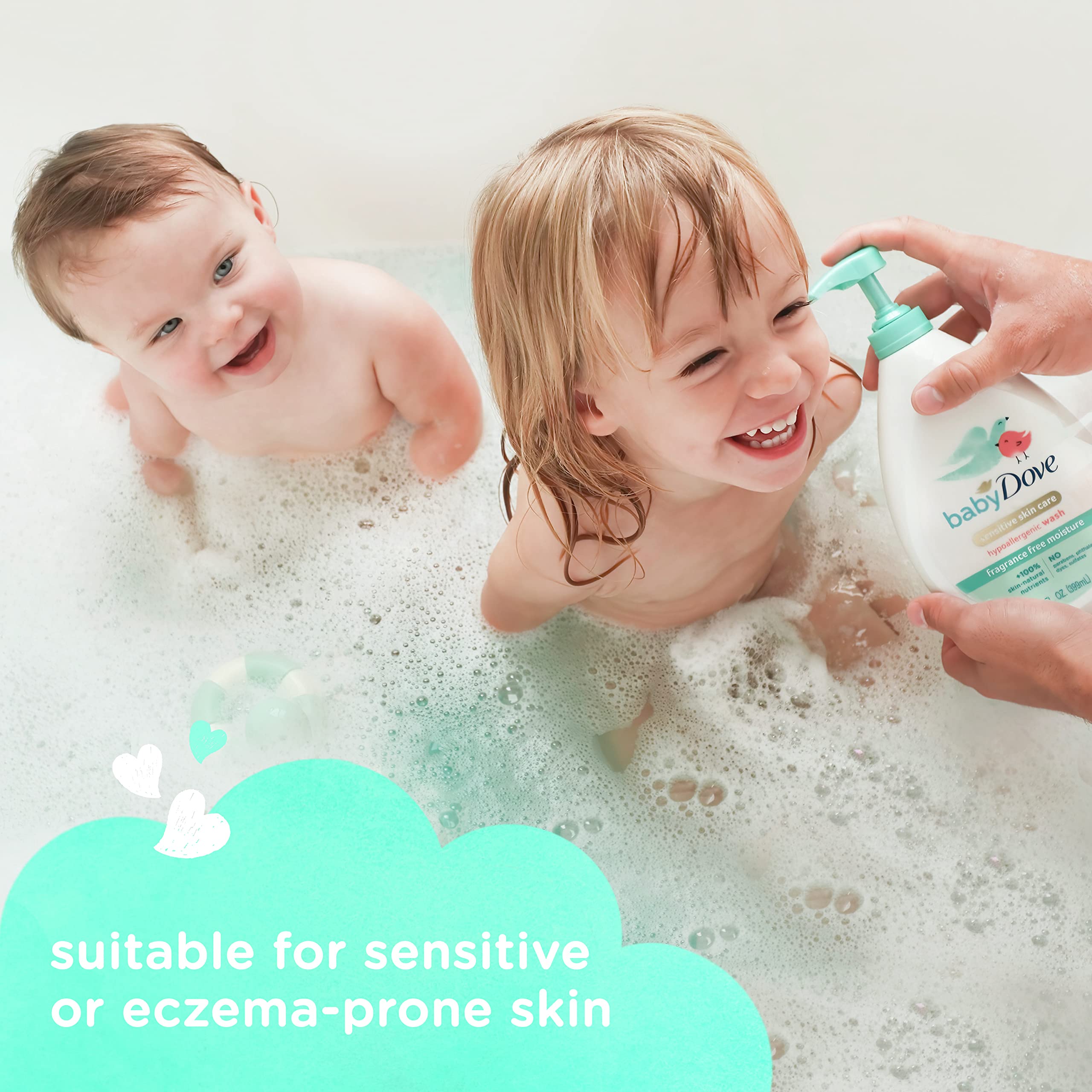 Baby Dove hair and body wash providing soft, hydrated skin after bath.