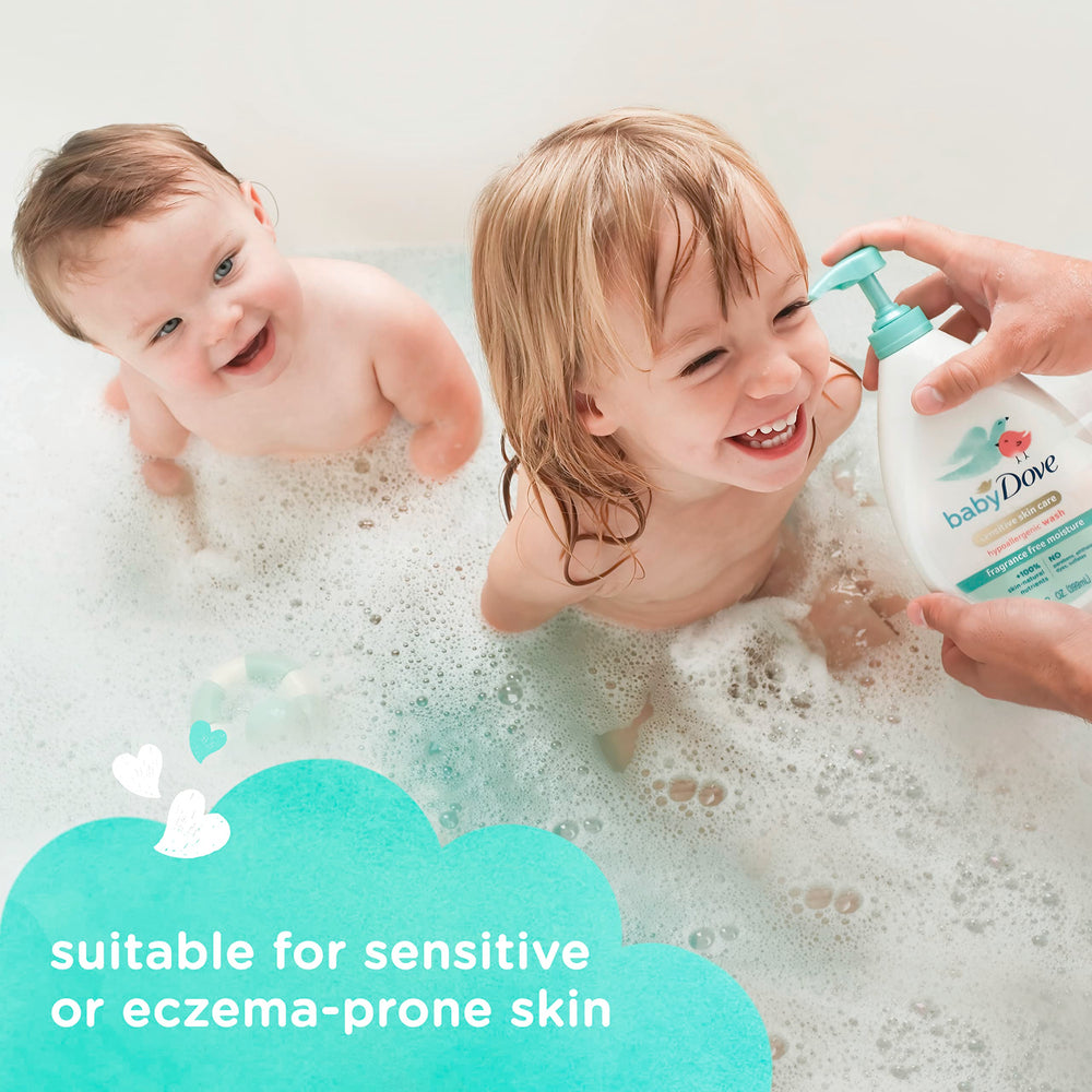 Baby Dove hair and body wash providing soft, hydrated skin after bath.
