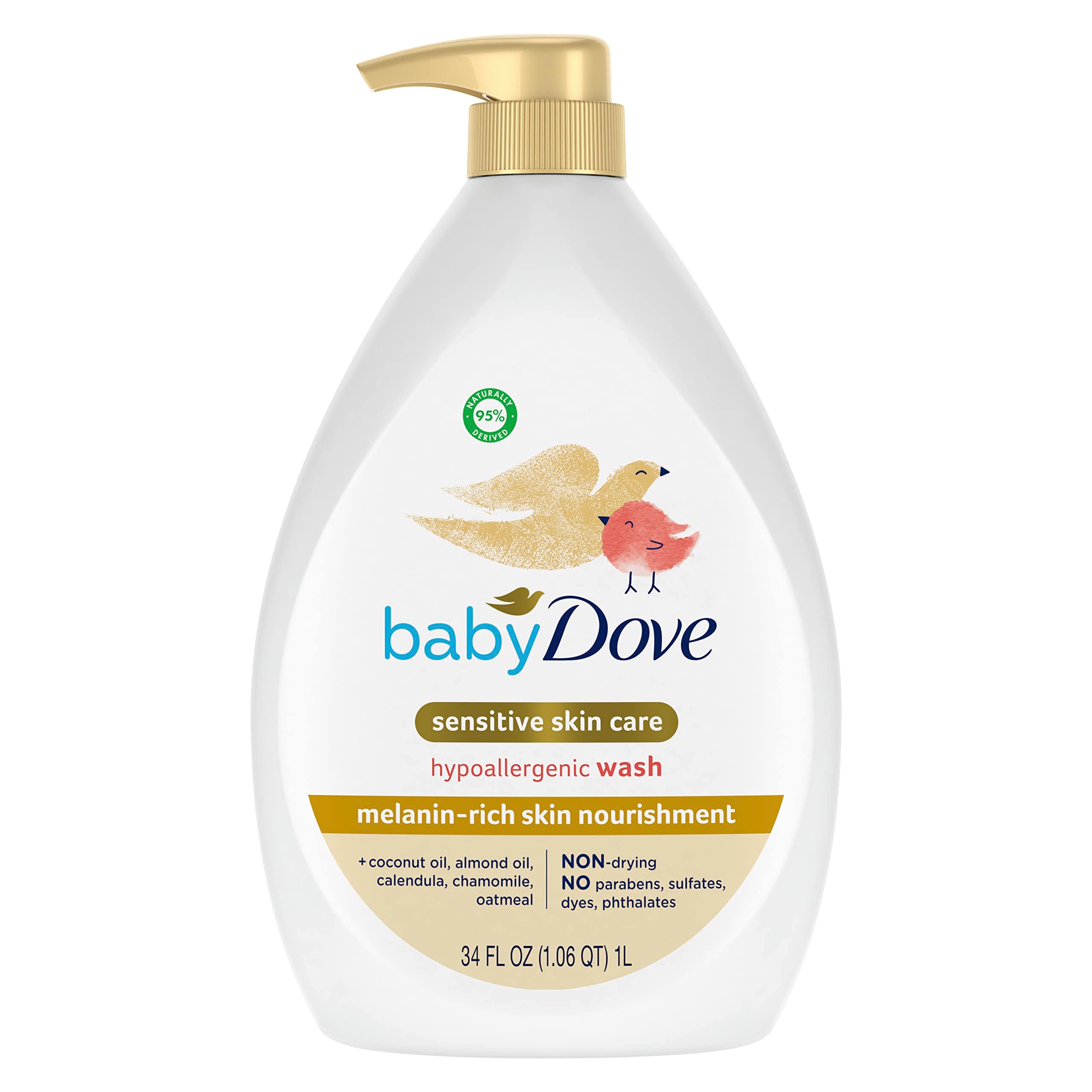 Baby Dove Melanin-rich Skin Nourishment bottle pour shows gentle cleansing for delicate skin.