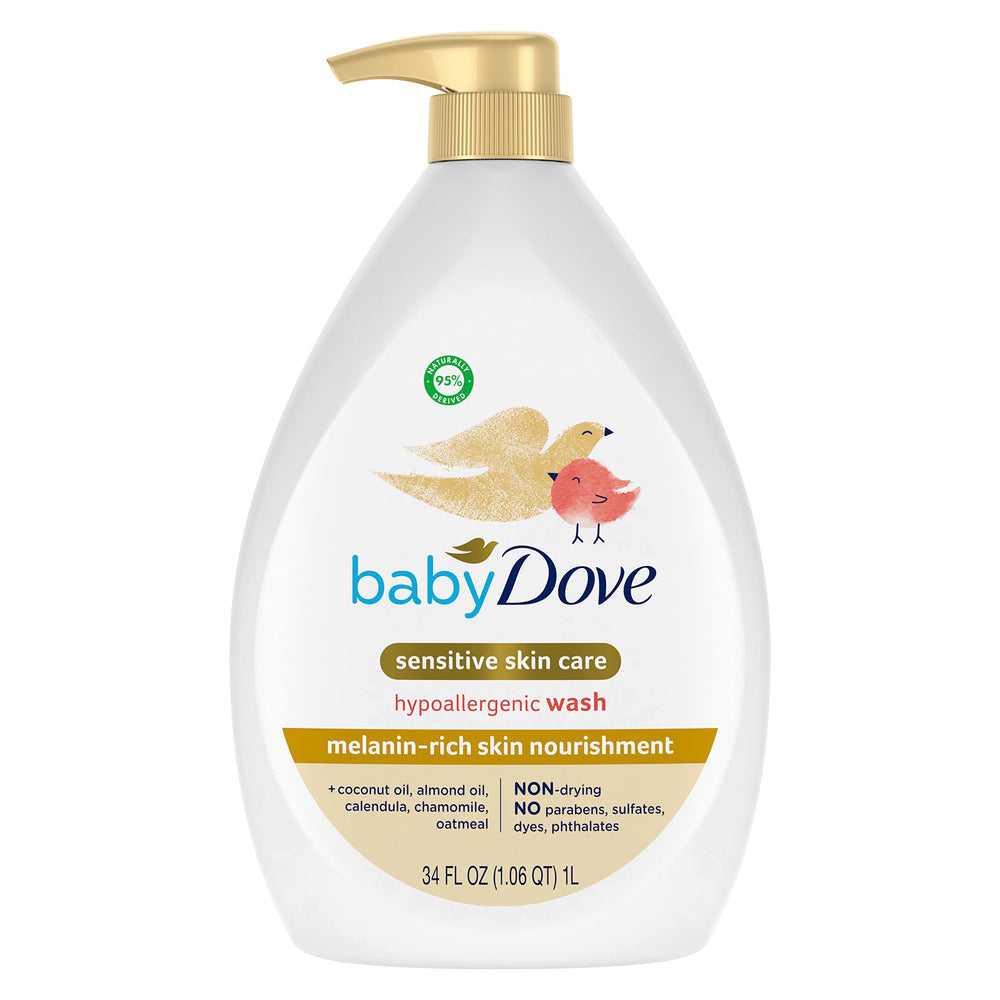 Baby Dove Melanin-rich Skin Nourishment bottle pour shows gentle cleansing for delicate skin.