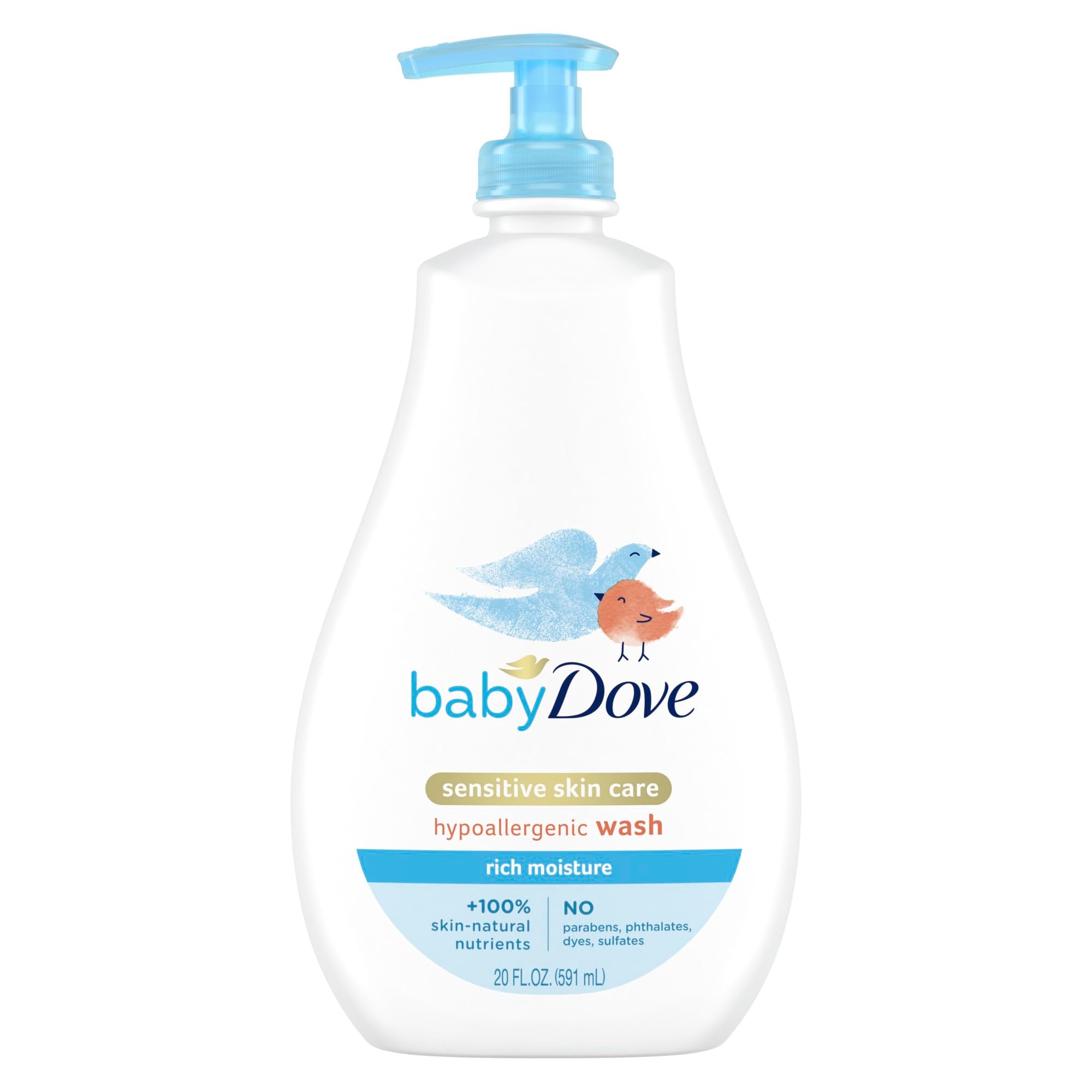 Baby Dove Rich Moisture Baby Wash bottle-20oz showing gentle hydration for delicate skin.