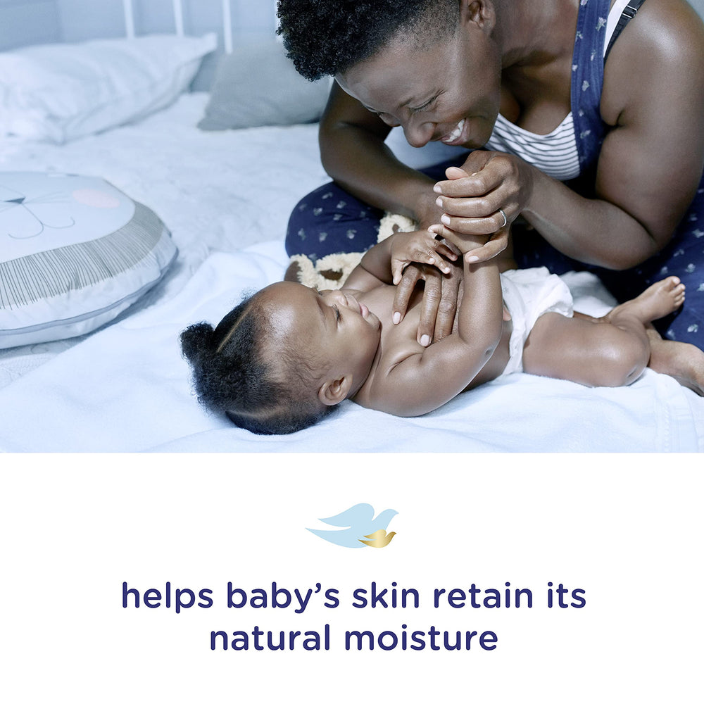 Baby Dove Rich Moisture bottle close-up with 100% skin-natural nutrients message.