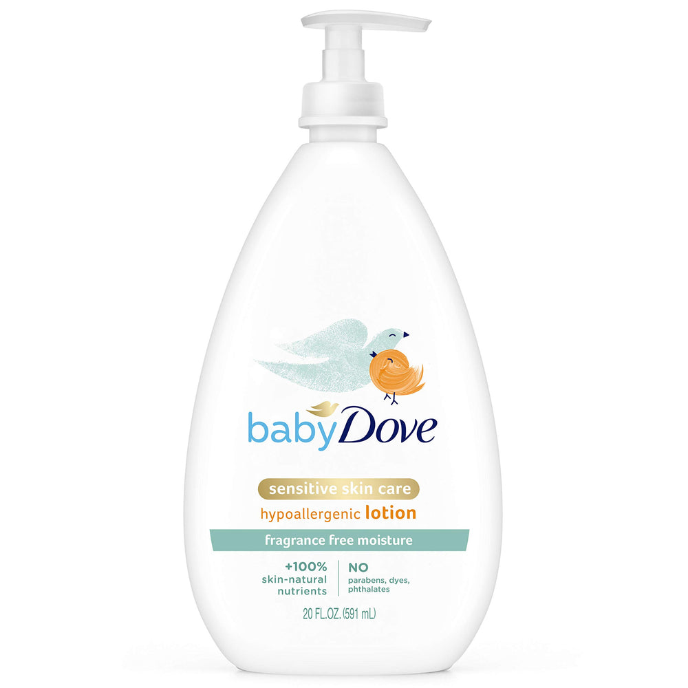 Baby Dove Sensitive Moisture Lotion bottle pour shows fragrance-free formula delivering up to 24 hours of hydration.