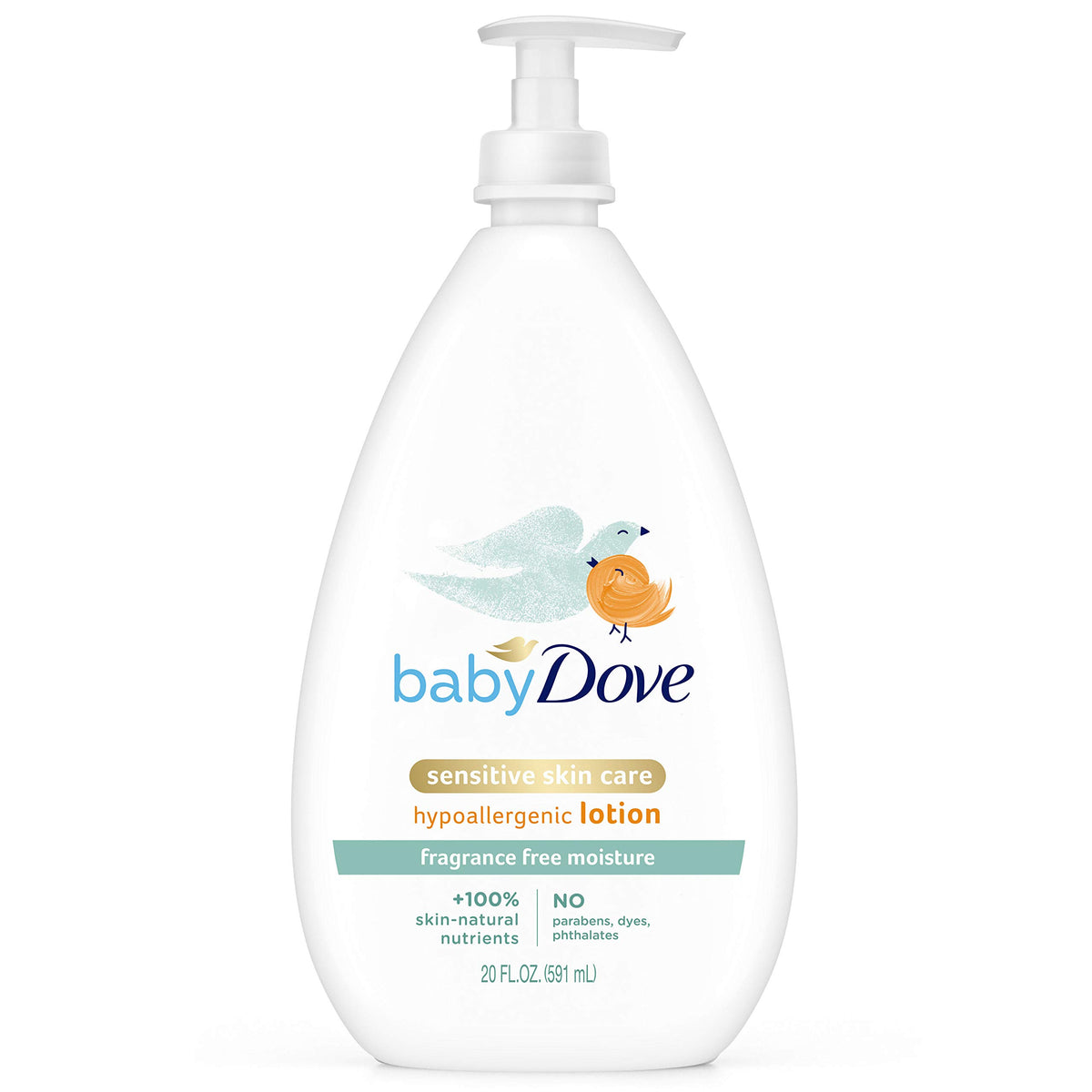 Baby Dove Sensitive Moisture Lotion bottle pour shows fragrance-free formula delivering up to 24 hours of hydration.