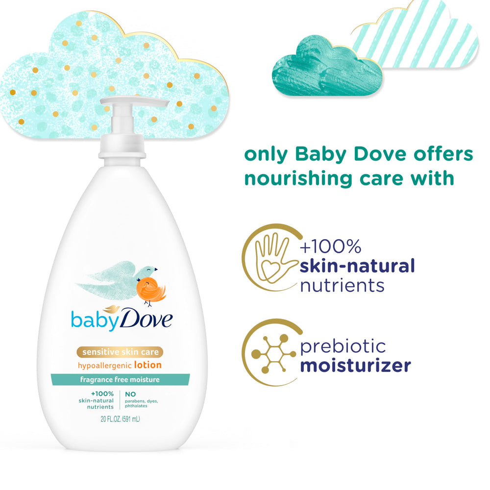 Fragrance-free label on Baby Dove Sensitive Moisture Lotion emphasizes no dyes or parabens.
