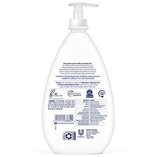 Baby Dove Sensitive Moisture Lotion hands-application demonstrates gentle massage for soft newborn skin.