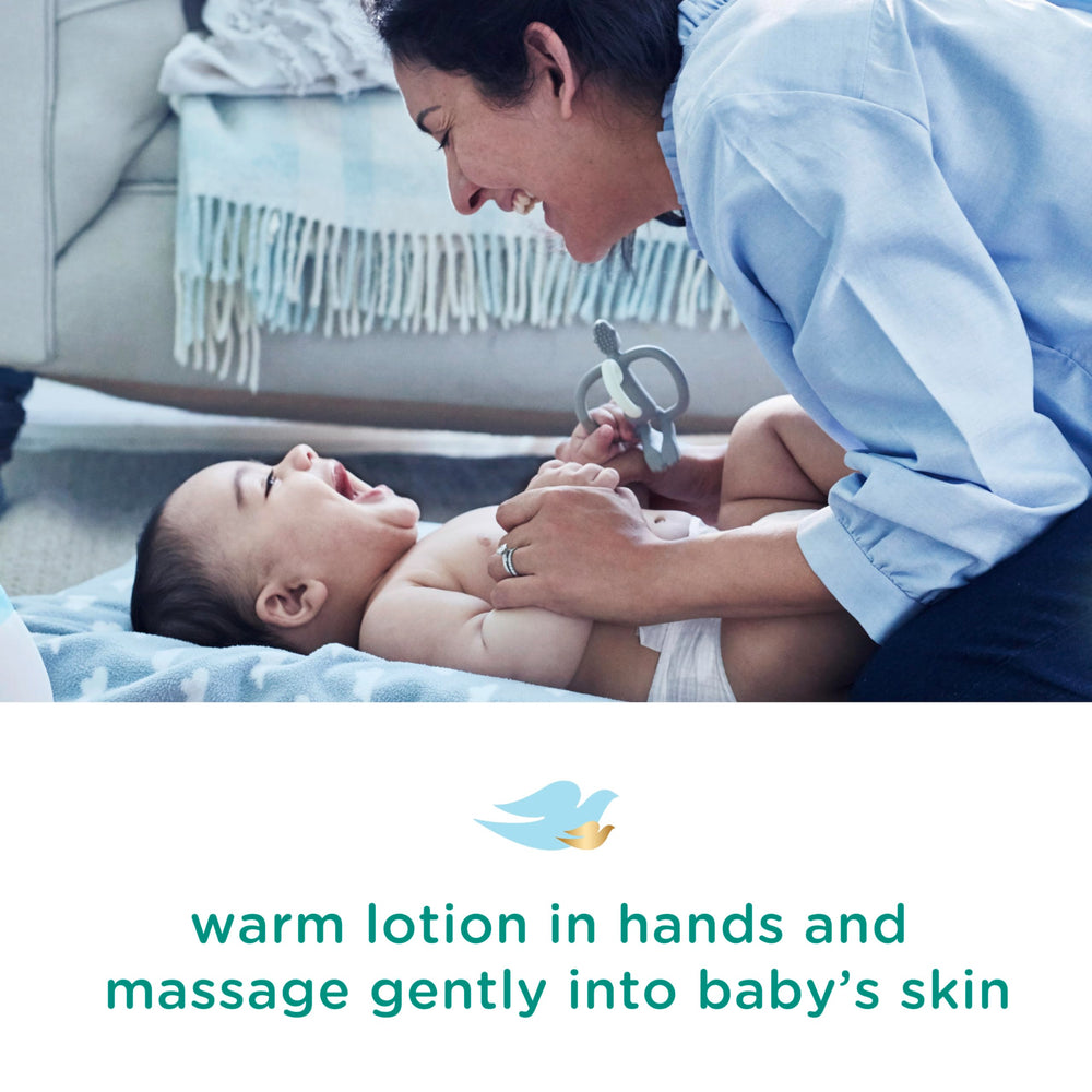 Newborn-use Baby Dove Sensitive Moisture Lotion with fragrance-free care after bath.