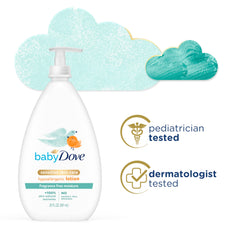 Closeup of Baby Dove Sensitive Moisture Lotion on soft skin highlighting skin-natural nutrients.