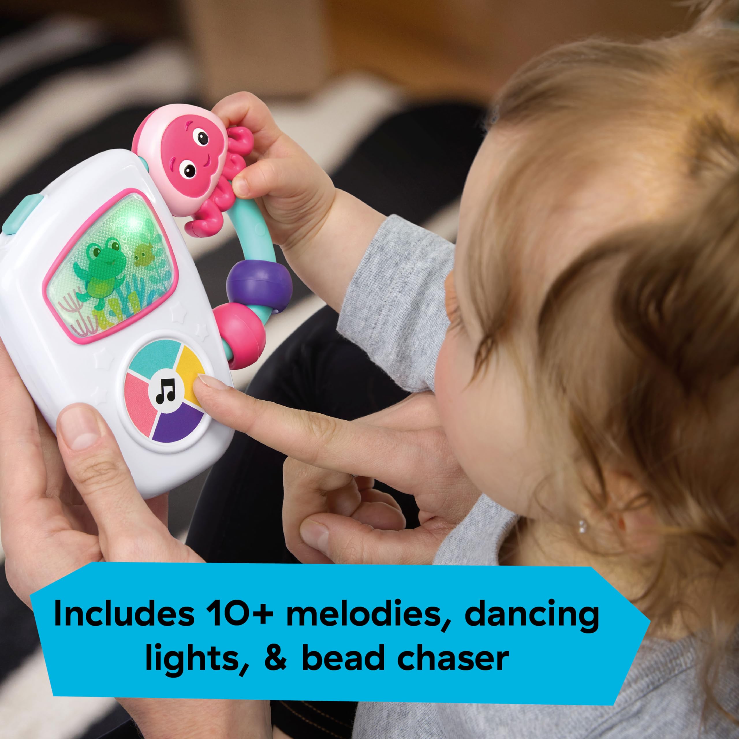 Baby Einstein toy includes volume control for comfortable playtime.