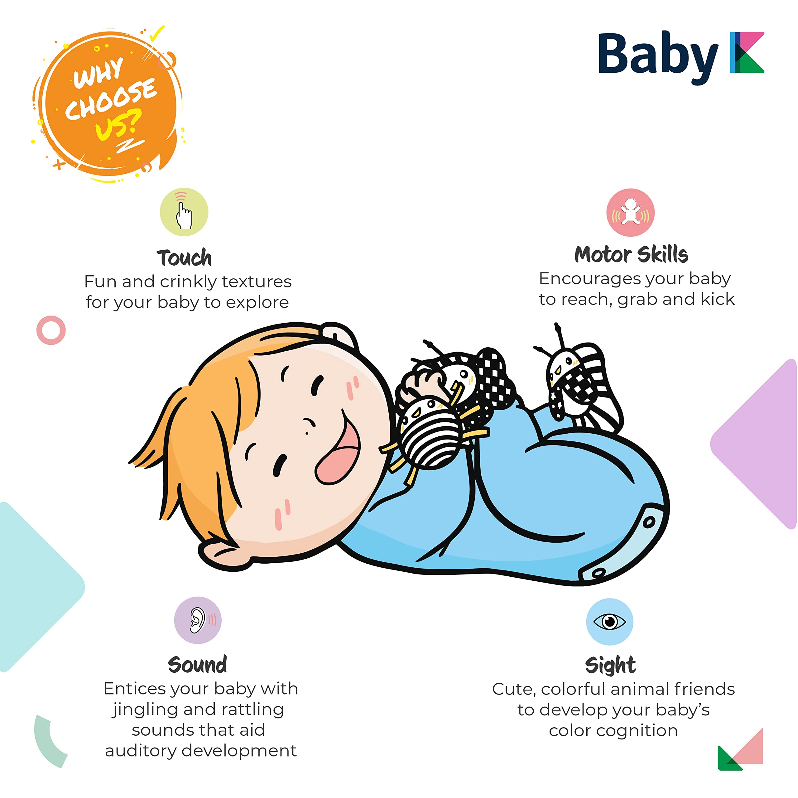BABY K monochrome wrist rattle with Velcro strap for secure newborn wear.