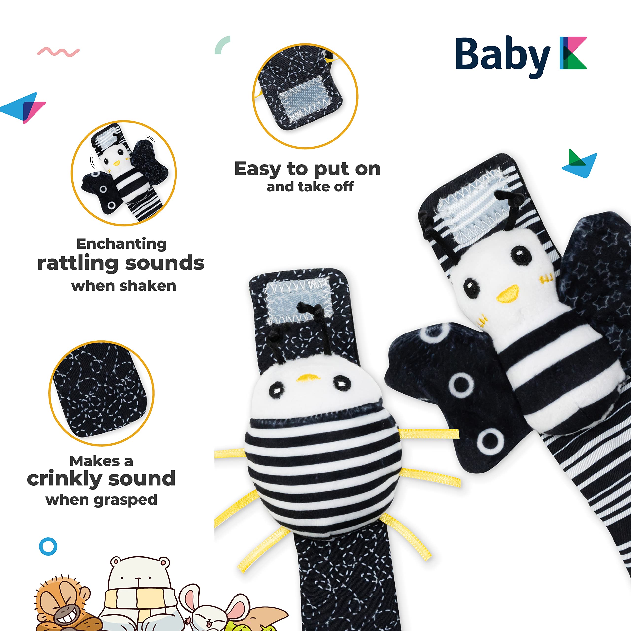 BABY K rattle socks wrist ladybug supports gripping and gentle exploration.