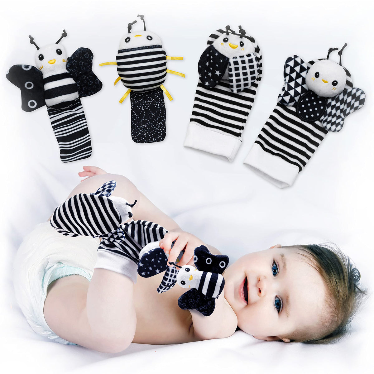 BABY K rattle socks wrist spider enhances visual tracking with crinkling sounds.