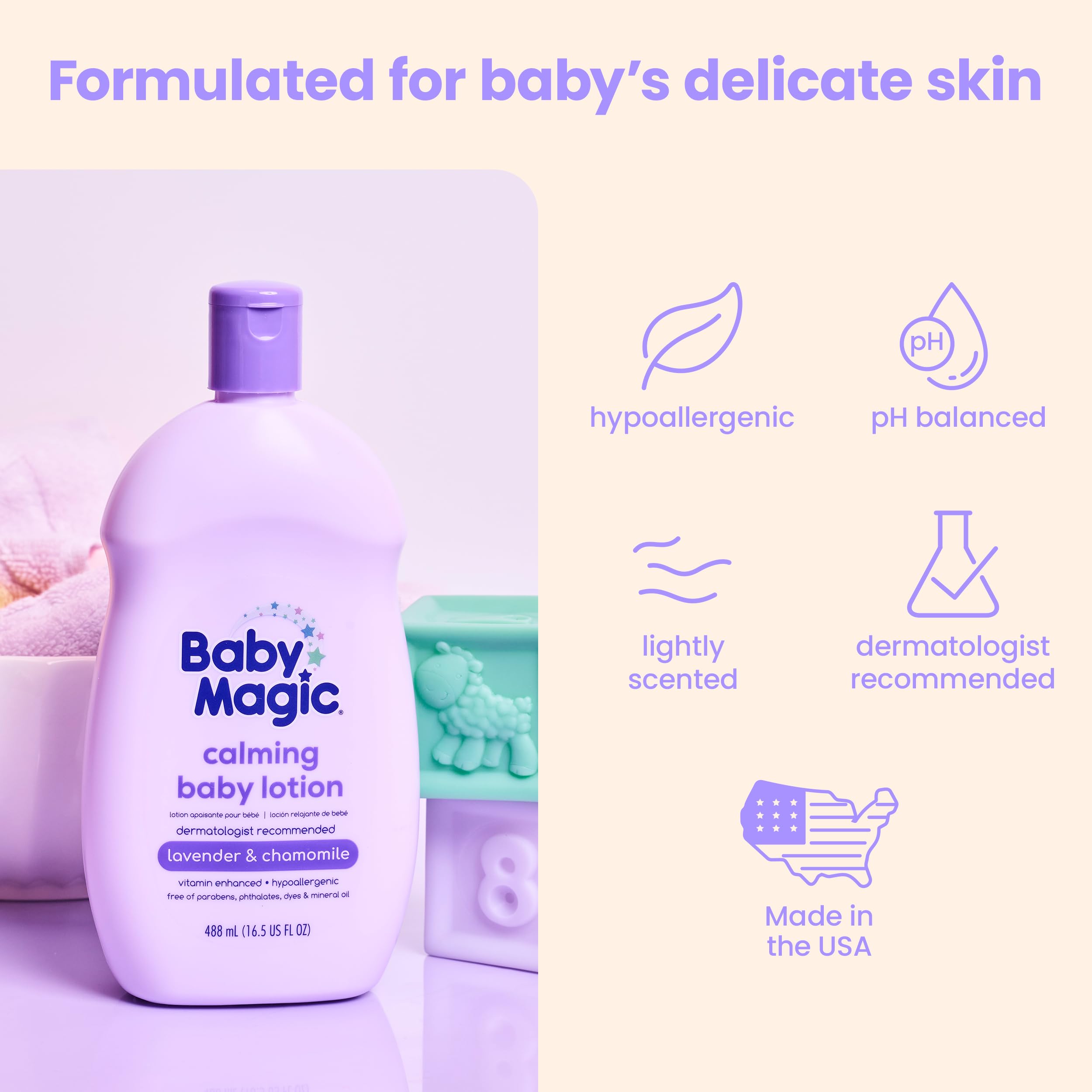 Baby Magic Calming Lotion lavender chamomile scent evokes calm evenings.