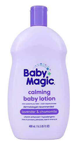 Baby Magic Calming Lotion pump closeup showing easy dispensing for gentle massage.