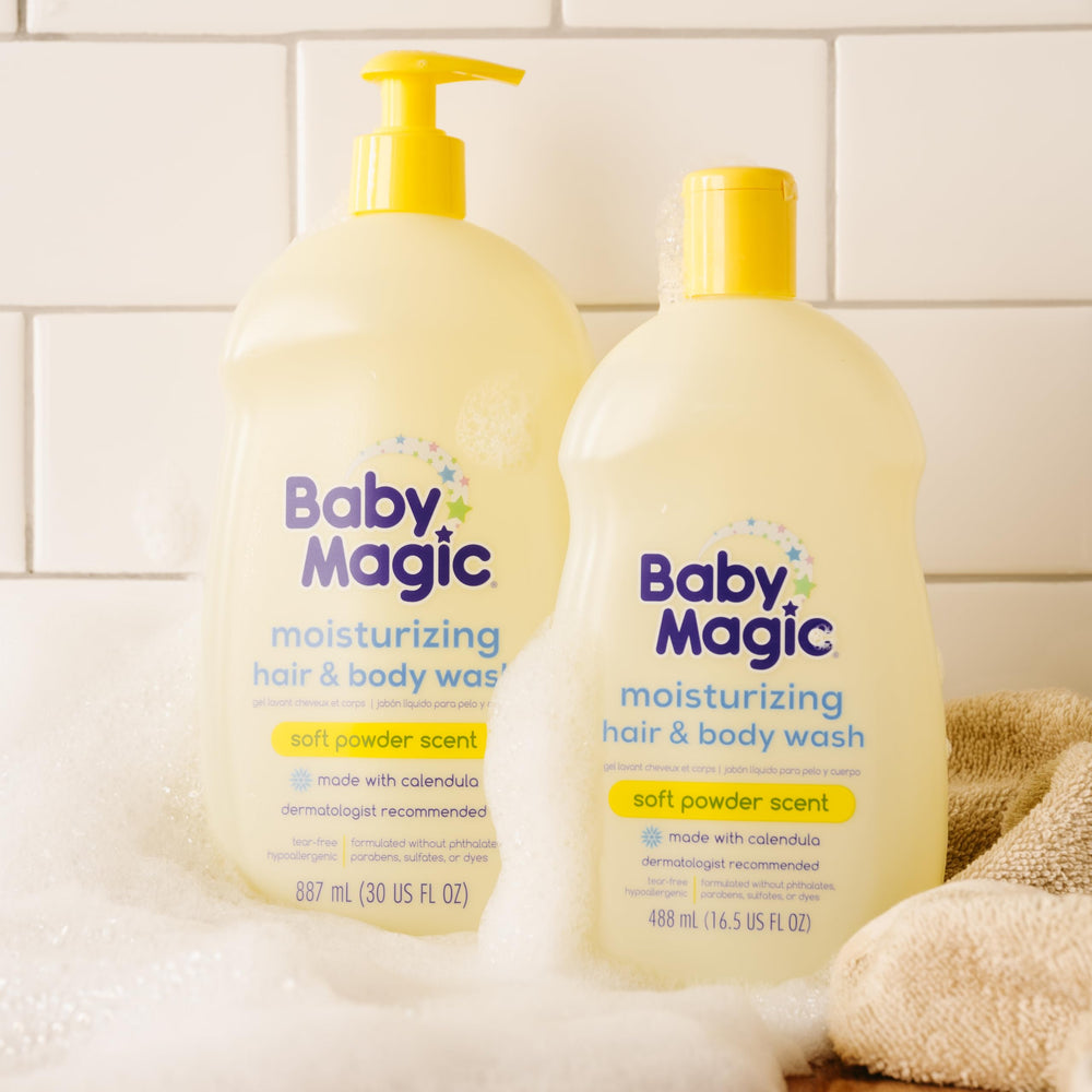 Baby Magic Tear-free formula image suggests easy bath time for crying-free routines.